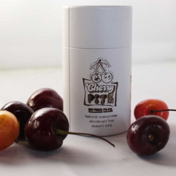 Cherry Pits Standard Stinker Deodorant showing white Kraft paper shaker tube filled with Cherry Pits